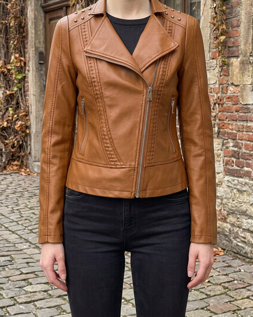Chaqueta Moto Biker con Remaches y Cremallera — Estilo Punk Slim - Marrón