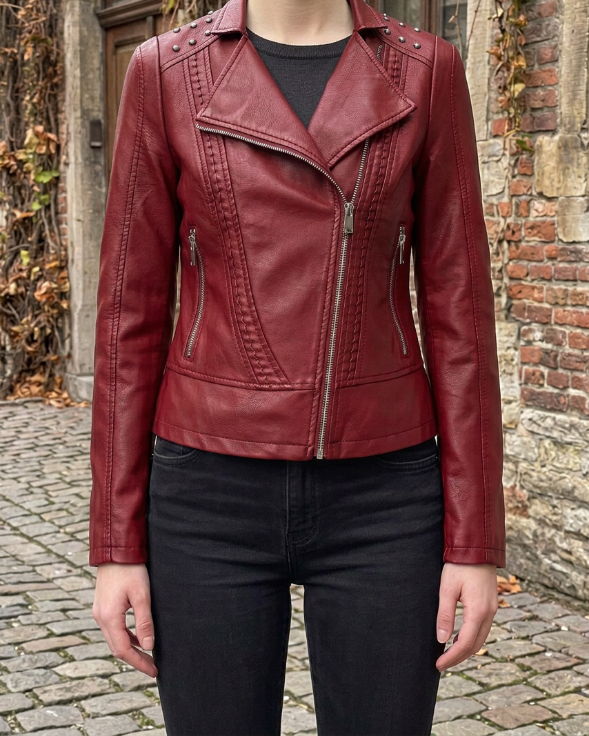 Chaqueta Moto Biker con Remaches y Cremallera — Estilo Punk Slim - Rojo