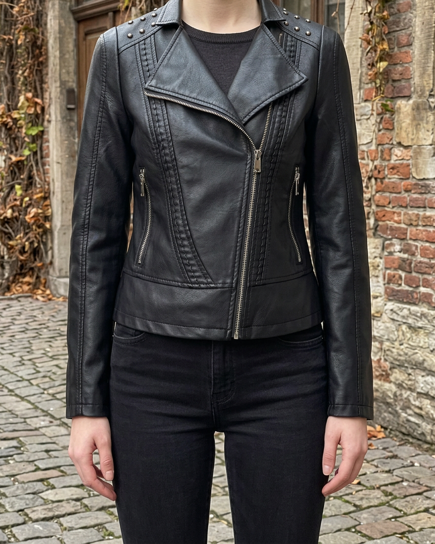 Chaqueta Moto Biker con Remaches y Cremallera — Estilo Punk Slim - Negro