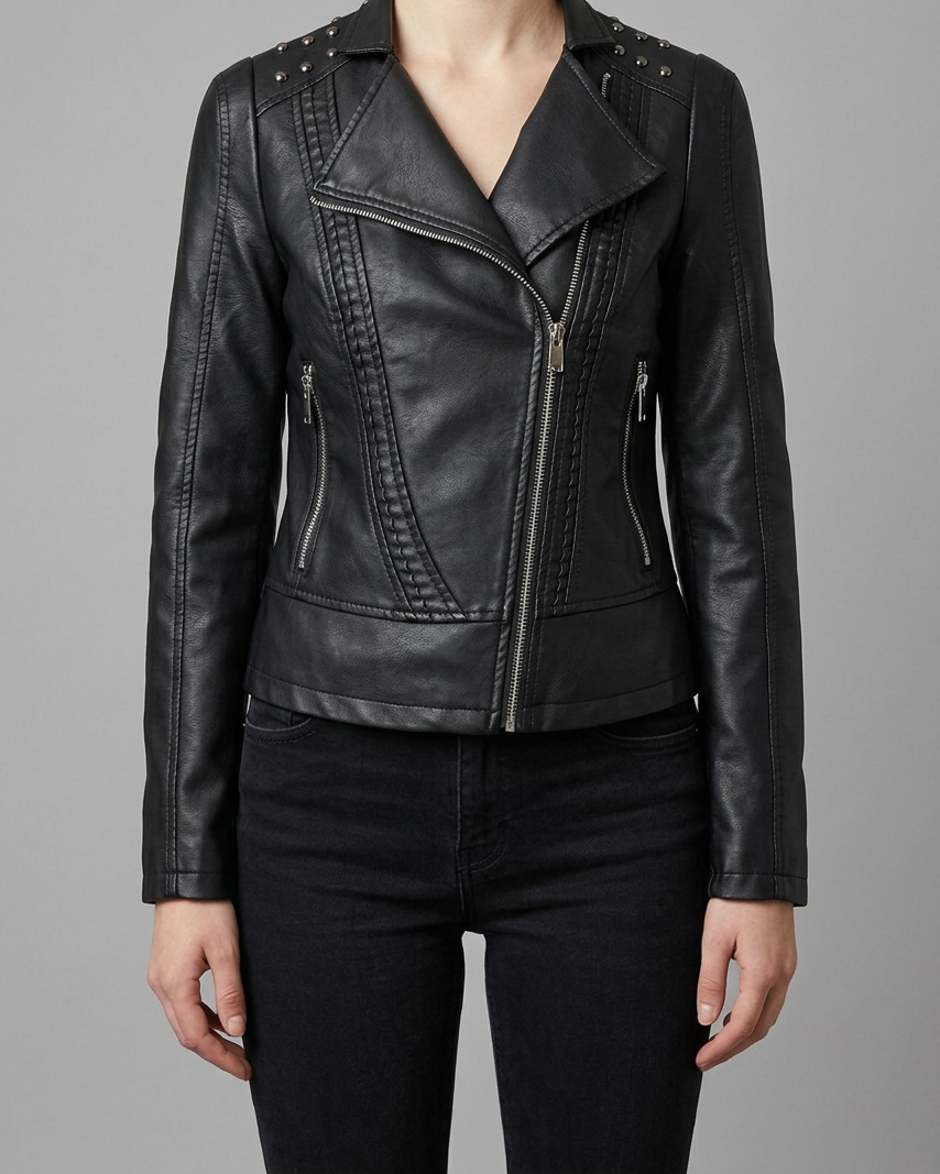 Chaqueta Moto Biker con Remaches y Cremallera — Estilo Punk Slim - Negro