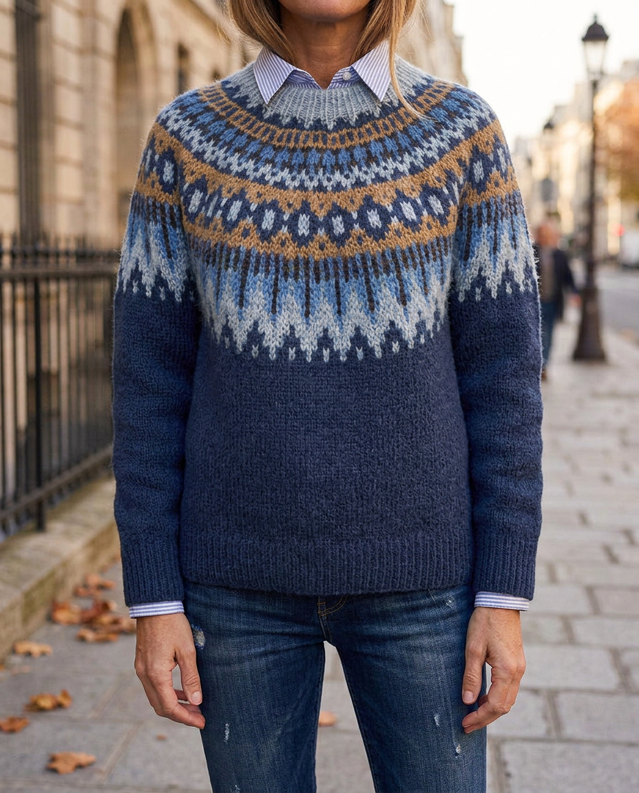 Suéter Vintage de Punto Jacquard con Cuello Redondo