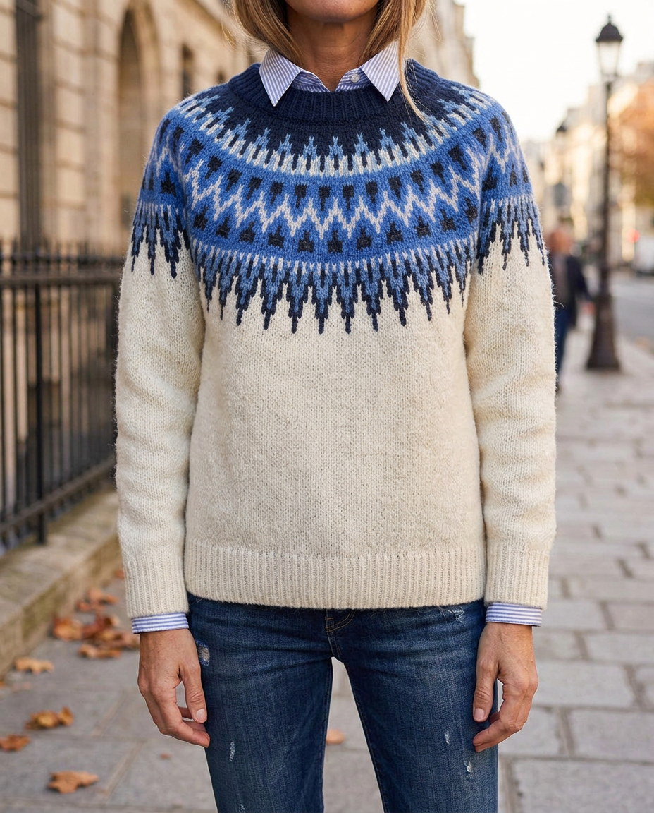Suéter Vintage de Punto Jacquard con Cuello Redondo