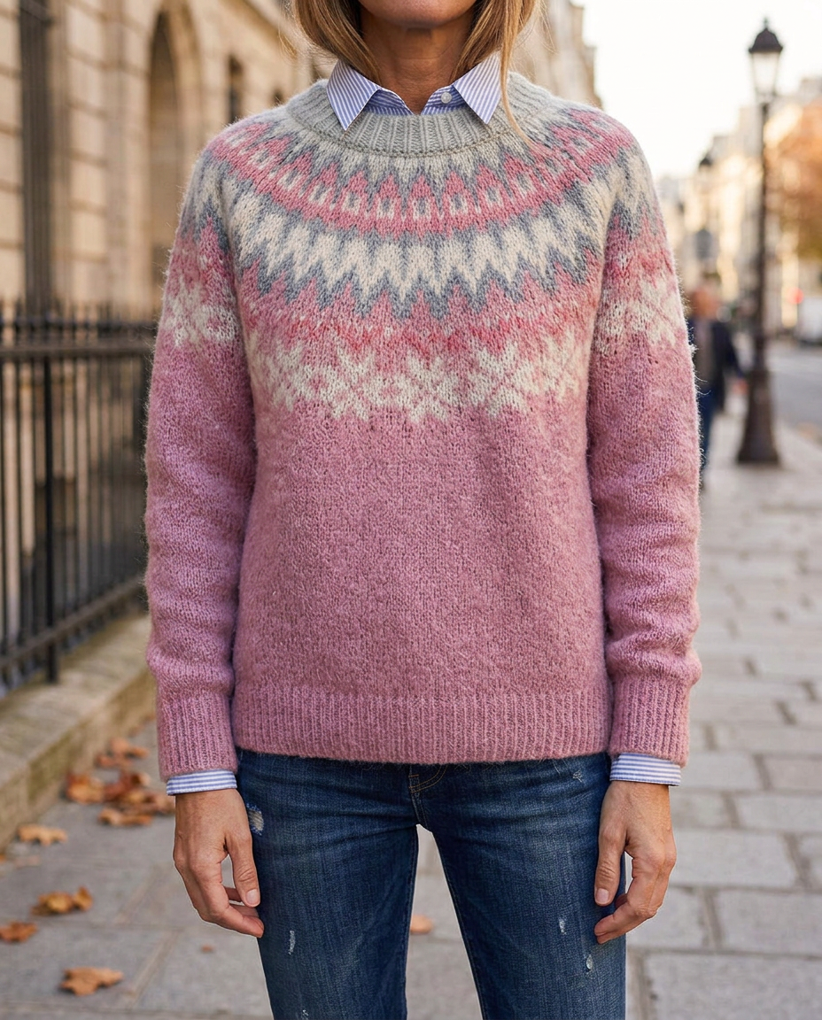 Suéter Vintage de Punto Jacquard con Cuello Redondo