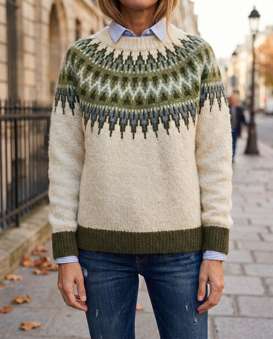 Suéter Vintage de Punto Jacquard con Cuello Redondo