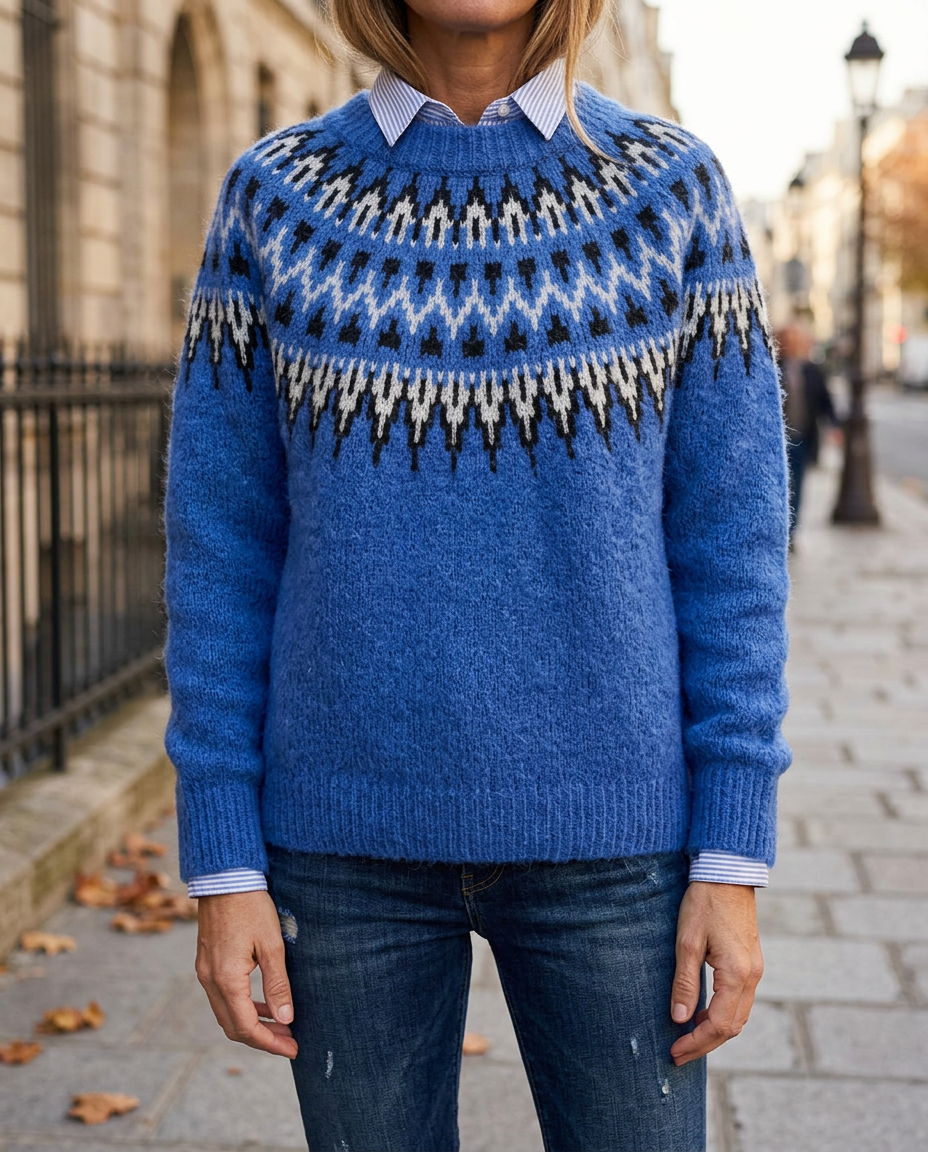 Suéter Vintage de Punto Jacquard con Cuello Redondo