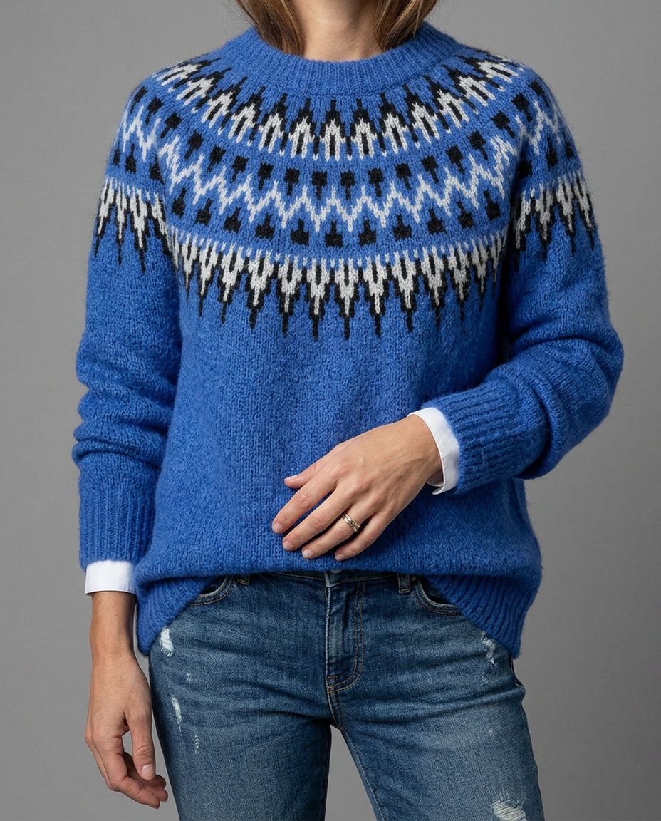 Suéter Vintage de Punto Jacquard con Cuello Redondo