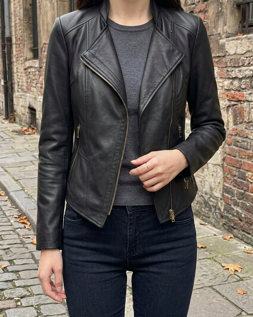 Caffland | Chaqueta Corta de Cuero Slim Estilo Coreano - Negro