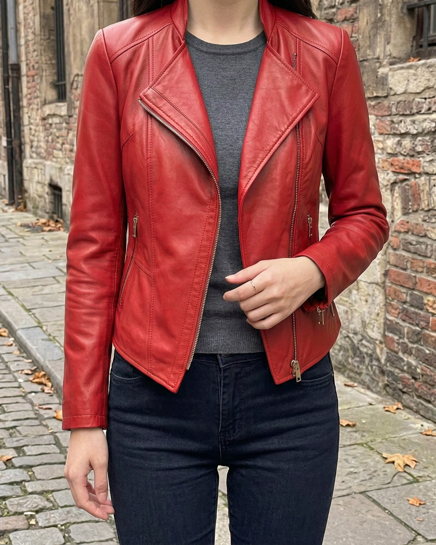 Caffland | Chaqueta Corta de Cuero Slim Estilo Coreano - Rojo Brillante