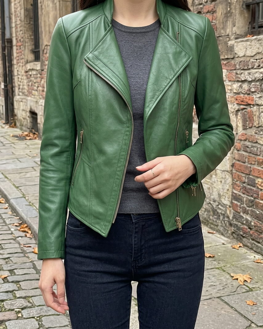 Caffland | Chaqueta Corta de Cuero Slim Estilo Coreano - Verde Hierba