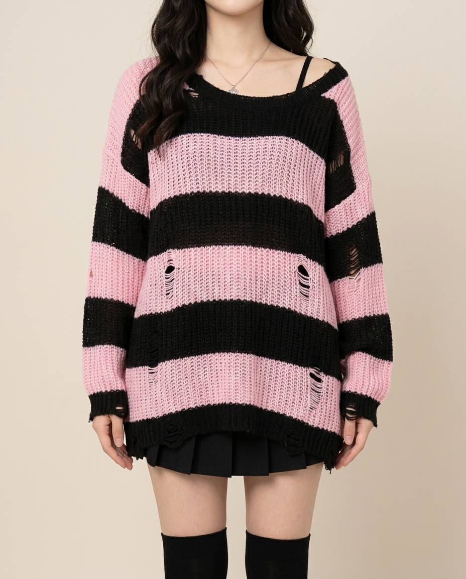 Suéter a Rayas Estilo Harajuku Vintage con Calado