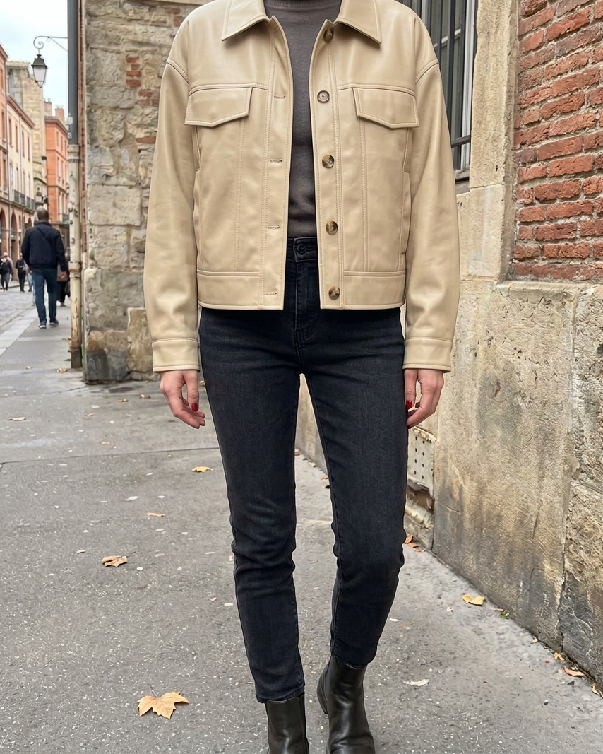 Chaqueta Corta de Cuero PU — Primavera y Otoño - Beige