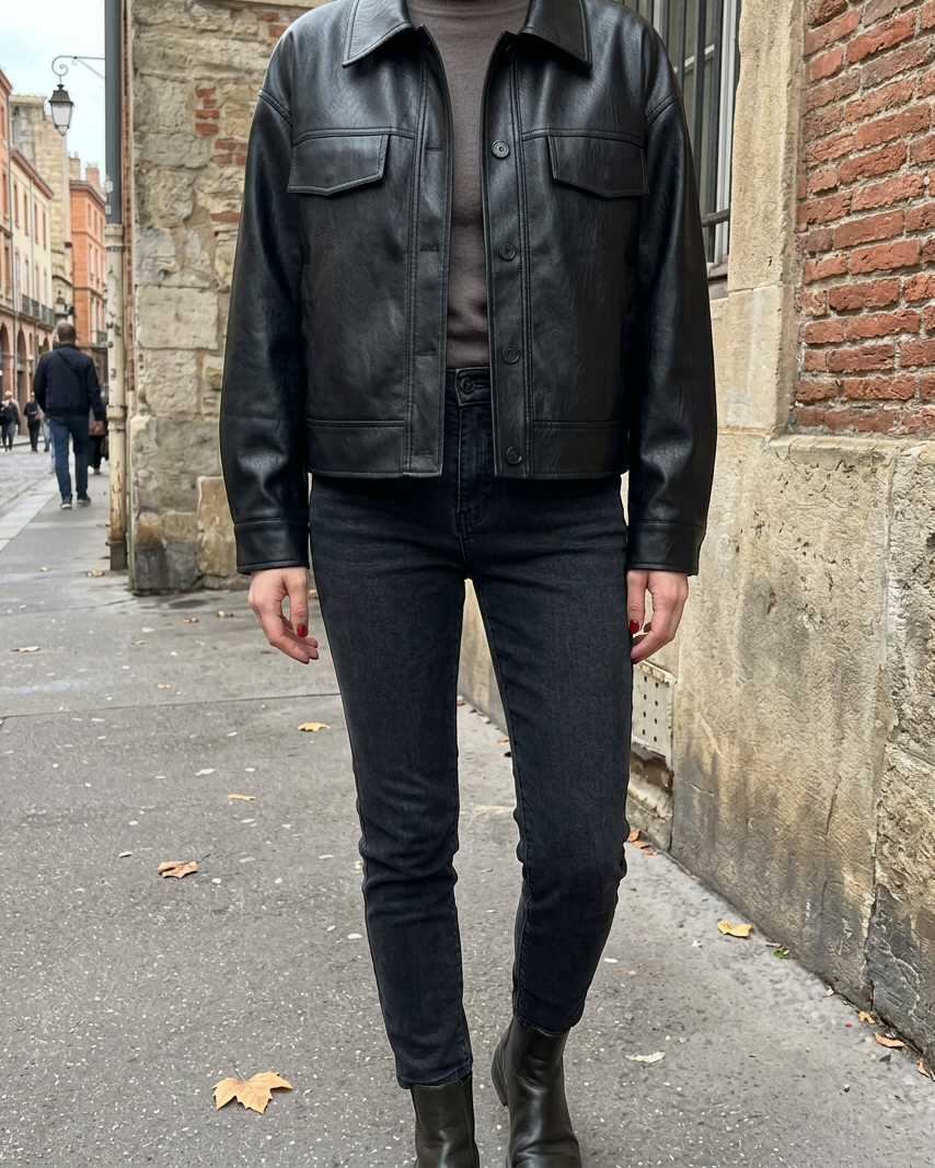 Chaqueta Corta de Cuero PU — Primavera y Otoño - Negro