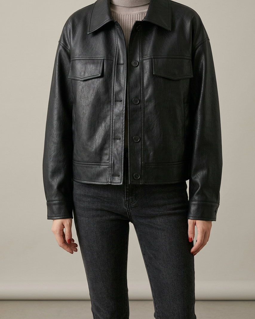Chaqueta Corta de Cuero PU — Primavera y Otoño - Negro