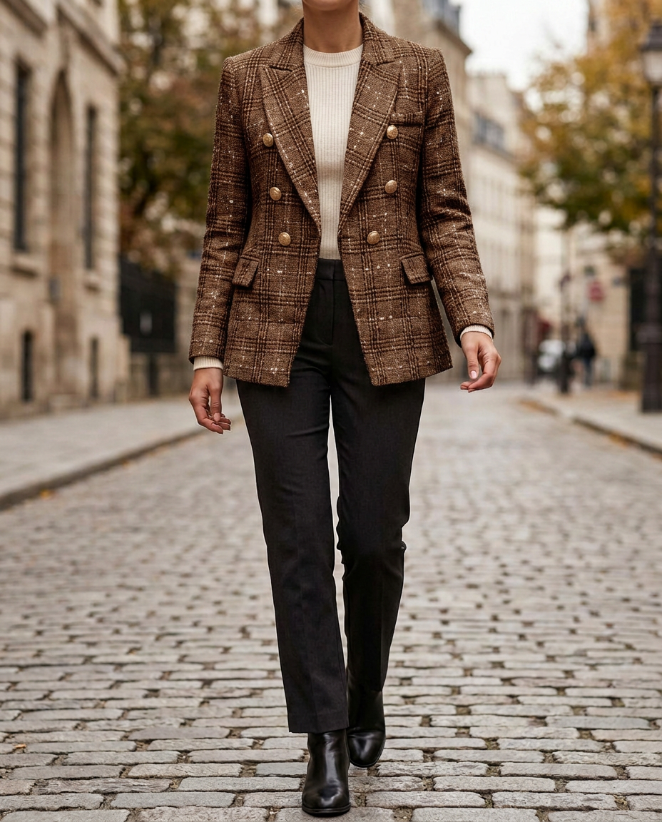 Blazer de Lana a Cuadros con Botonadura
