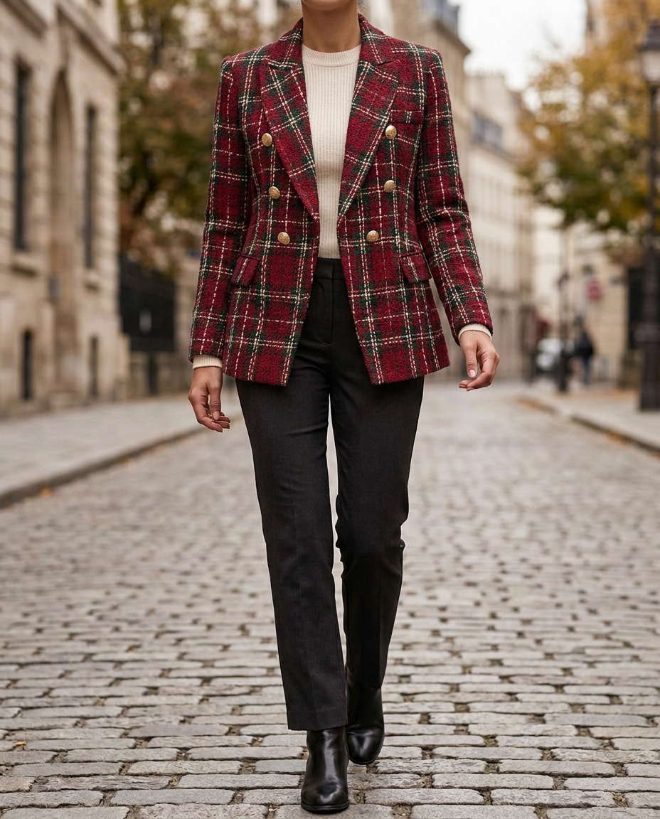 Blazer de Lana a Cuadros con Botonadura