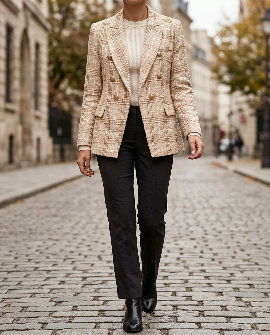 Blazer de Lana a Cuadros con Botonadura