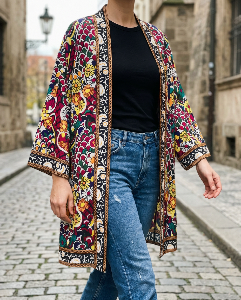 Cárdigan de Viaje con Estampado Exótico