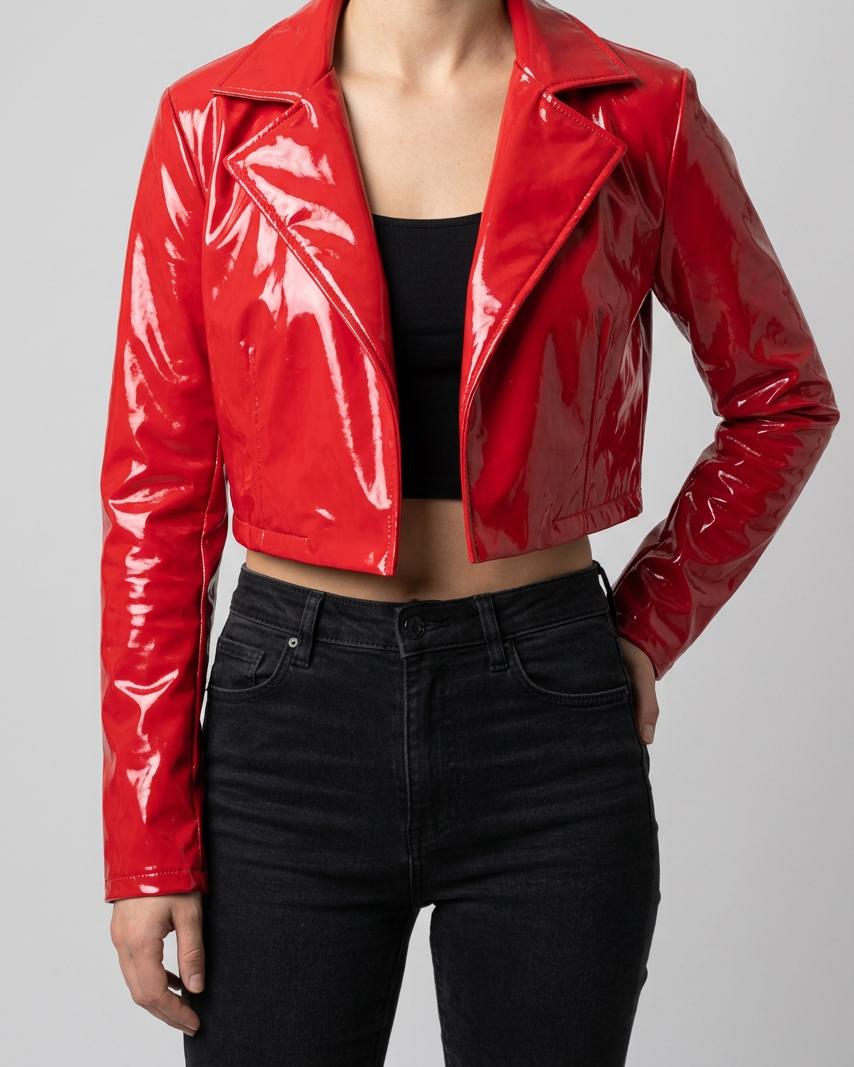Chaqueta Cropped de Cuero Brillante con Solapa — Look Festival - Rojo