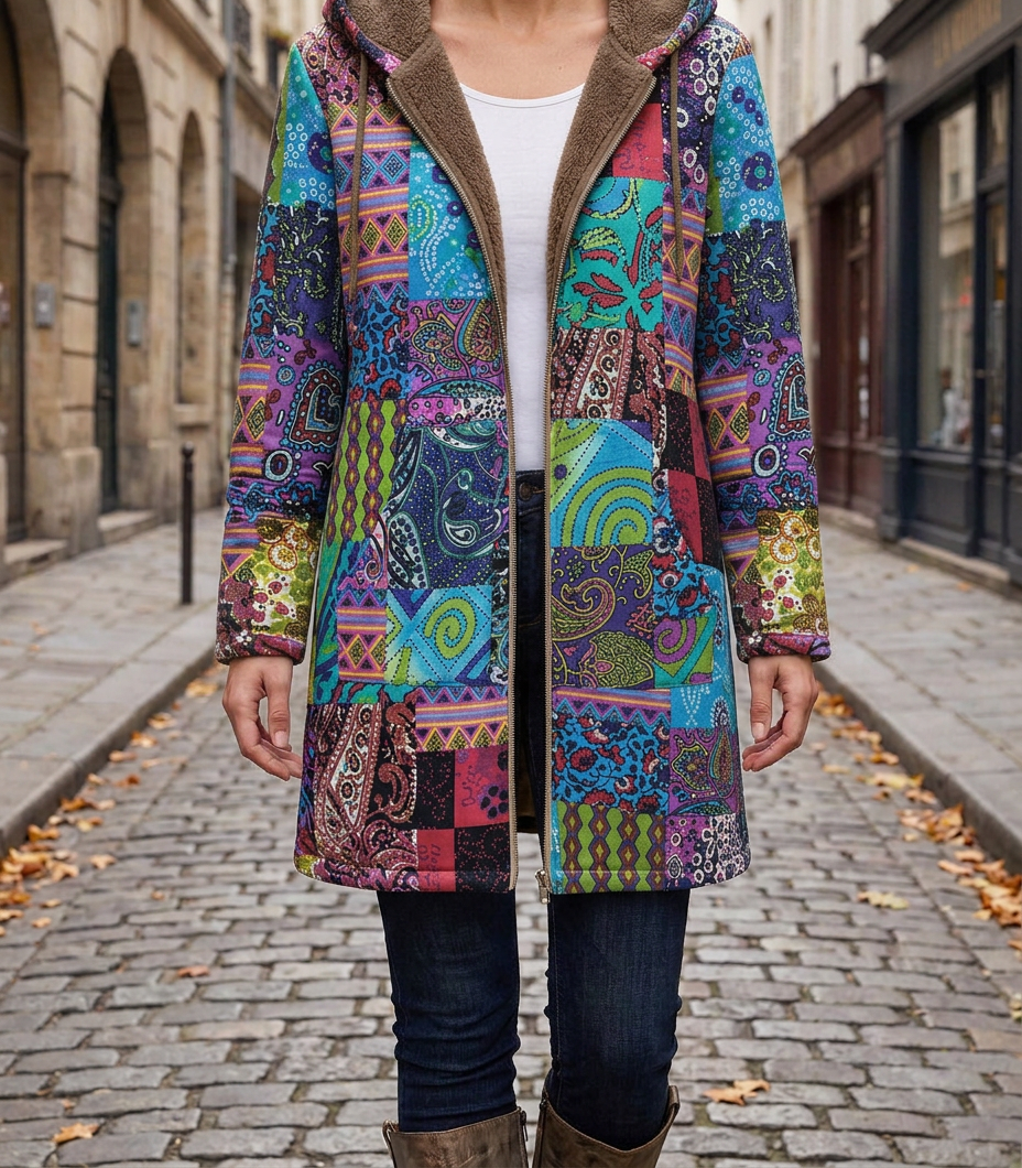 Abrigo Vintage con Capucha, Cremallera y Estampado — Algodón y Lino
