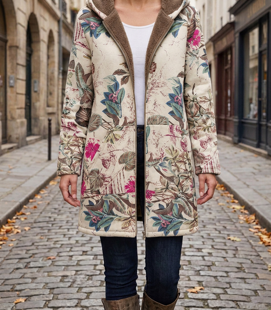 Abrigo Vintage con Capucha, Cremallera y Estampado — Algodón y Lino