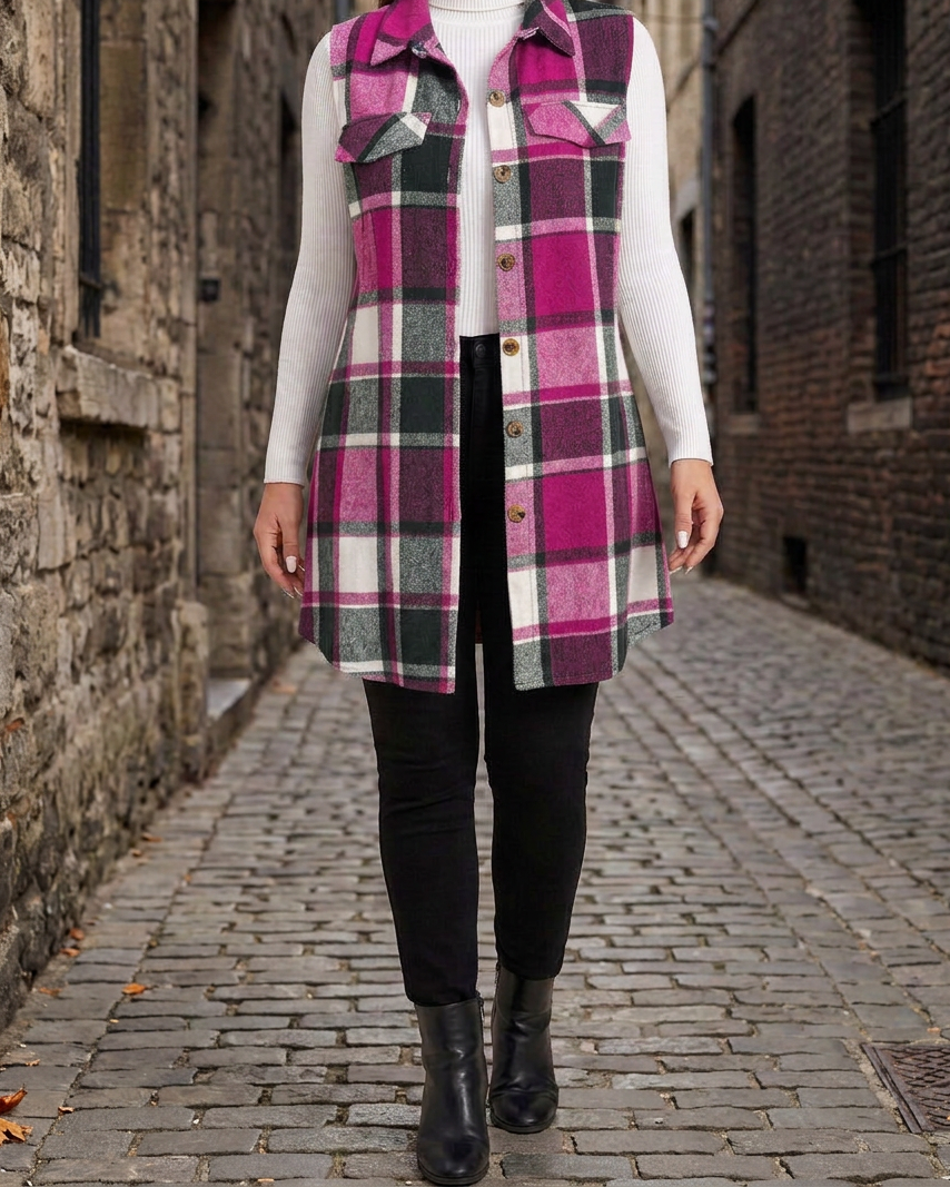 Chaleco Camisa de Cuadros sin Mangas con Bolsillos - Rosa Brillante