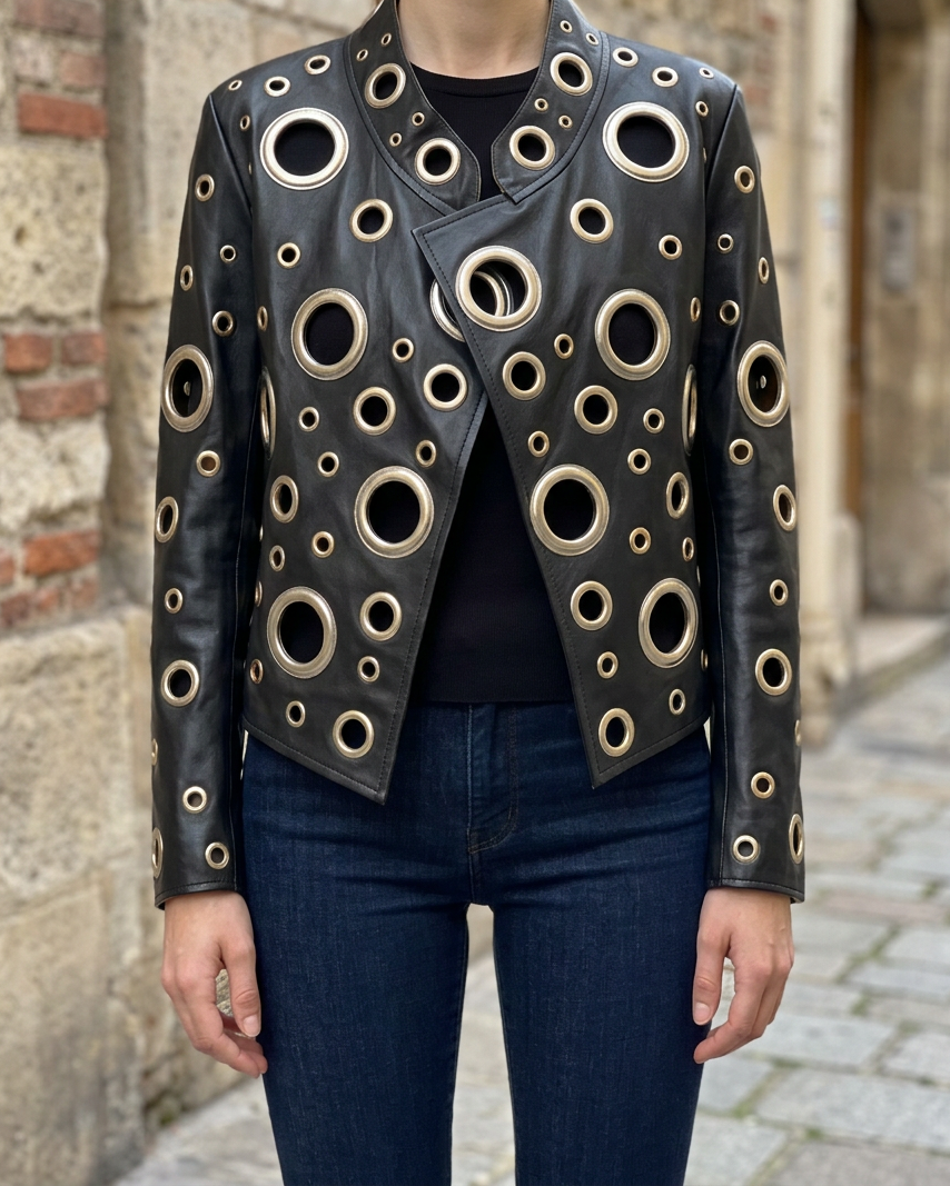 Lautaro | Chaqueta Corta de Cuero con Remaches Dorados y Cut-Out - Negro