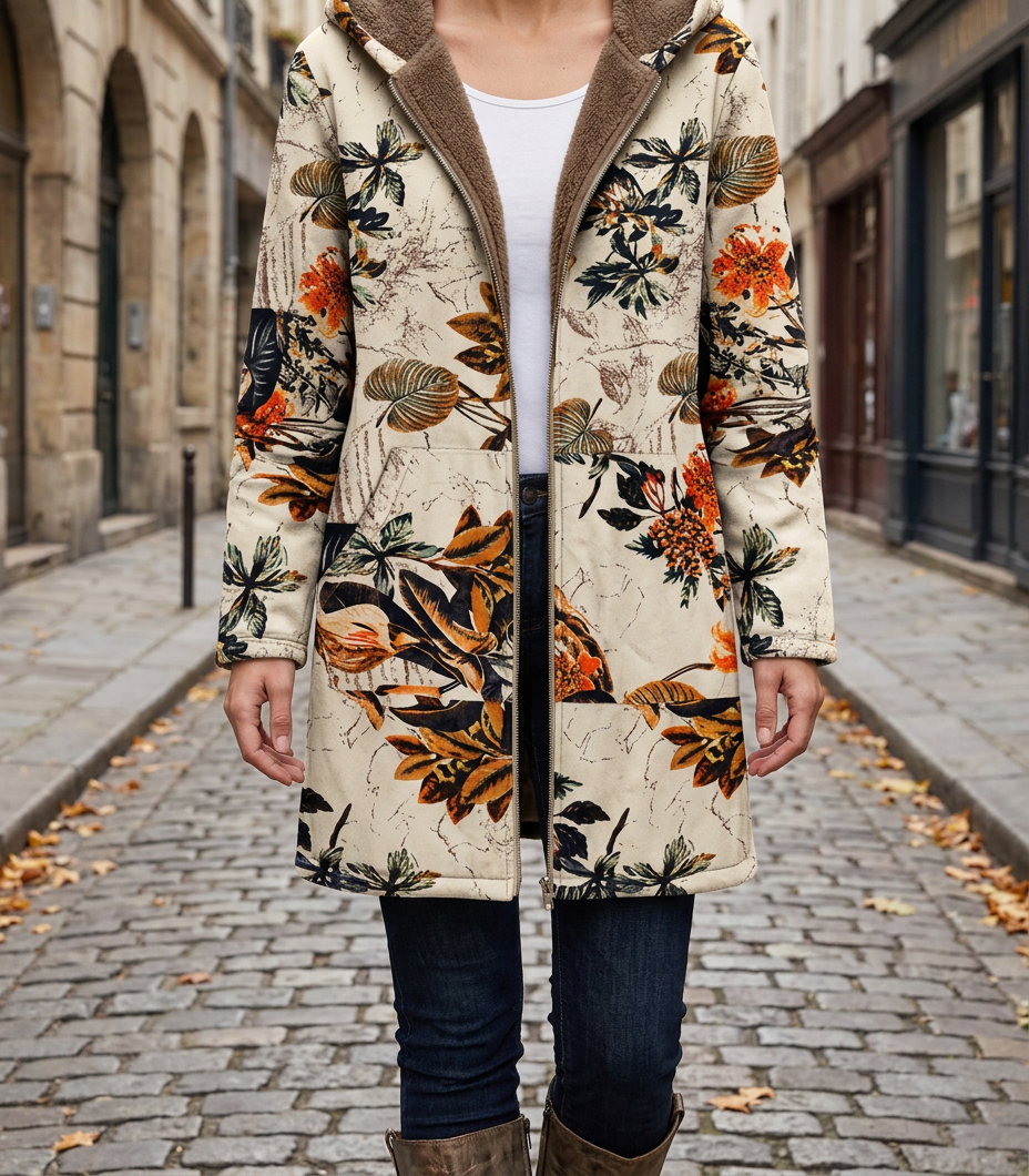 Abrigo Vintage con Capucha, Cremallera y Estampado — Algodón y Lino