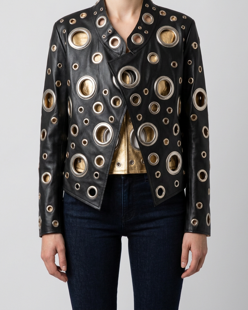 Lautaro | Chaqueta Corta de Cuero con Remaches Dorados y Cut-Out - Negro