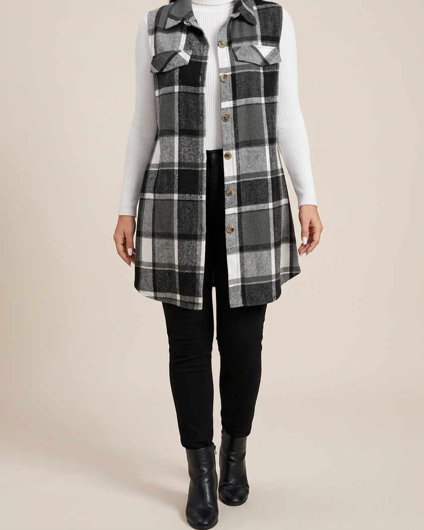 Chaleco Camisa de Cuadros sin Mangas con Bolsillos - Negro y Blanco